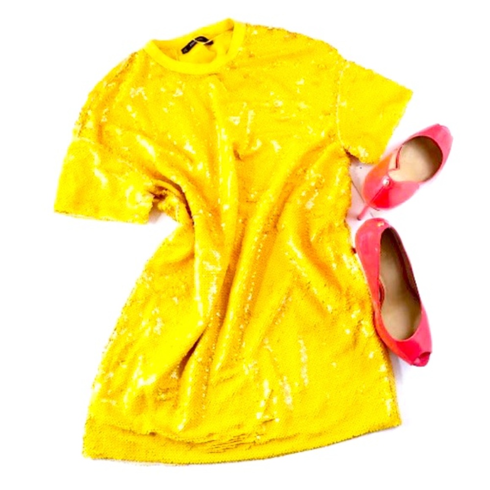 Zara Yellow Sequin T Shirt Dress MEDIUM (NWOT)
